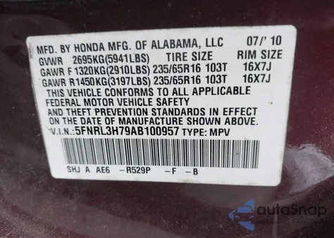 2010 Honda Odyssey Ex-L z USA, uszkodzony, nr VIN 5FNRL3H79AB100957